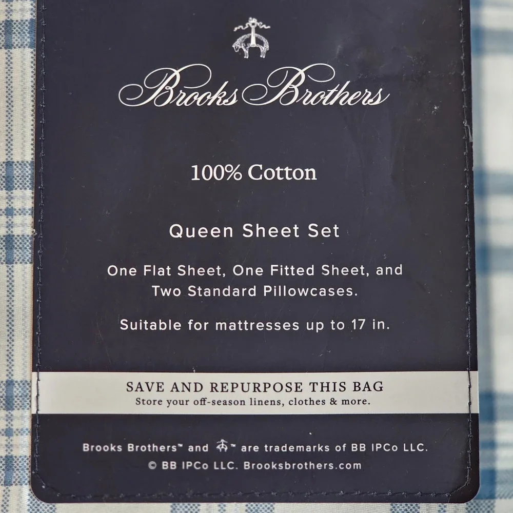Brooks Brothers Queen Sheet Set 4pc Blue White Plaid 100% Cotton Heritage Preppy